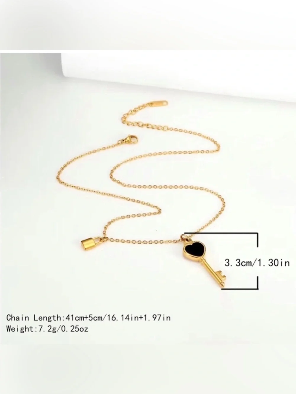 18K Plated Gold a black heart-shaped key With small lock charm pendant necklace